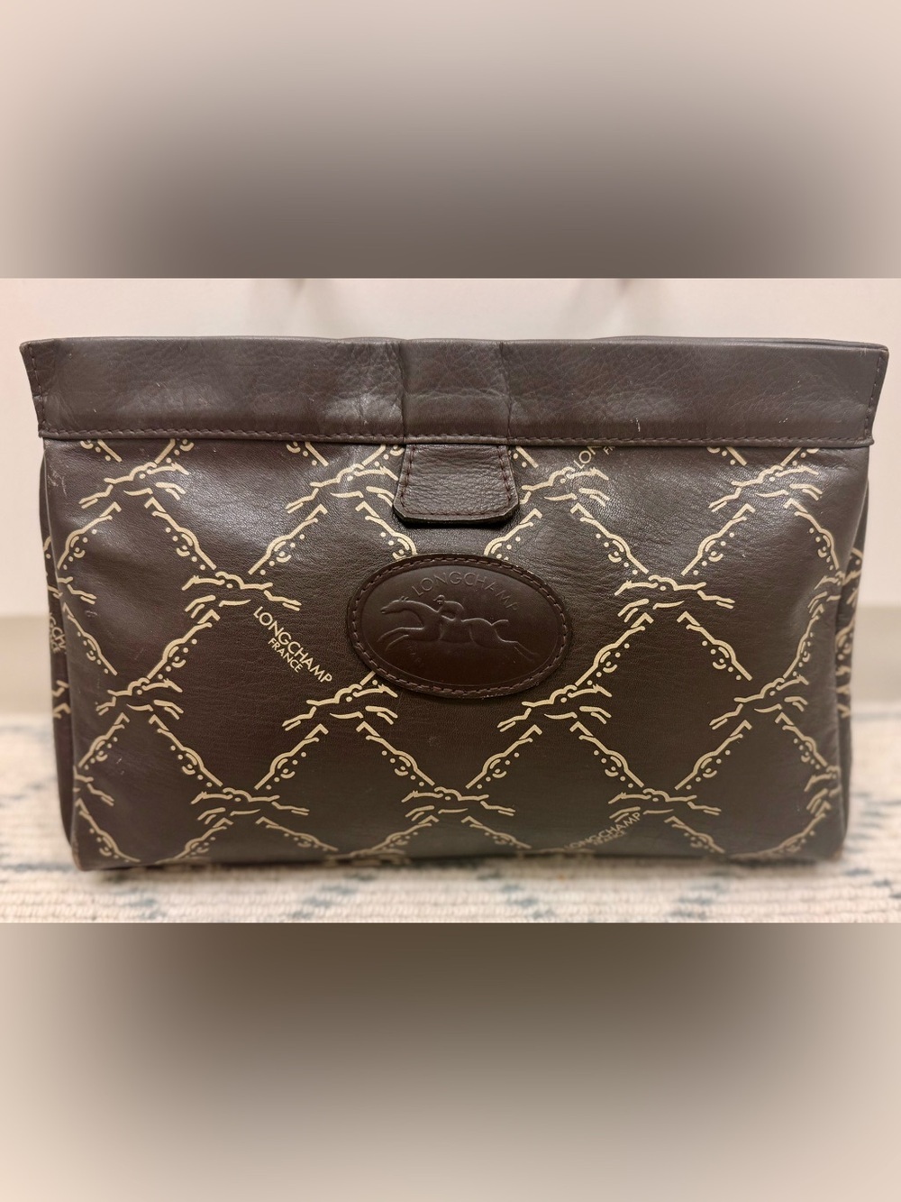 LONGCHAMP Vintage 80’s Unisex Brown Leather Monogram Pouch Clutch Made N France